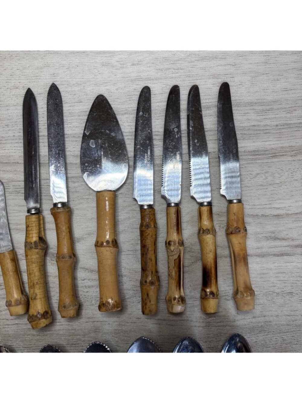 Vtg 29pc Bamboo Handle Flatware Silverware and Serving Pieces Stainless Japan - Picture 3 of 14